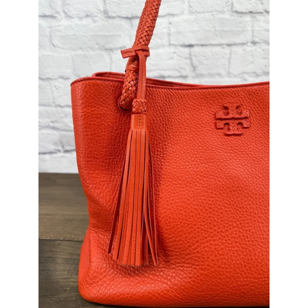 Tory Burch Taylor Tote Bag Coral Red Pebbled Leather Purse Tassel Dust Bag